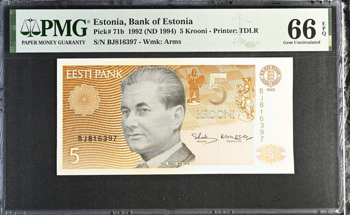 Estonia 5 Krooni 1992 ND 1994 P 71 b Gem UNC PMG 66 EPQ