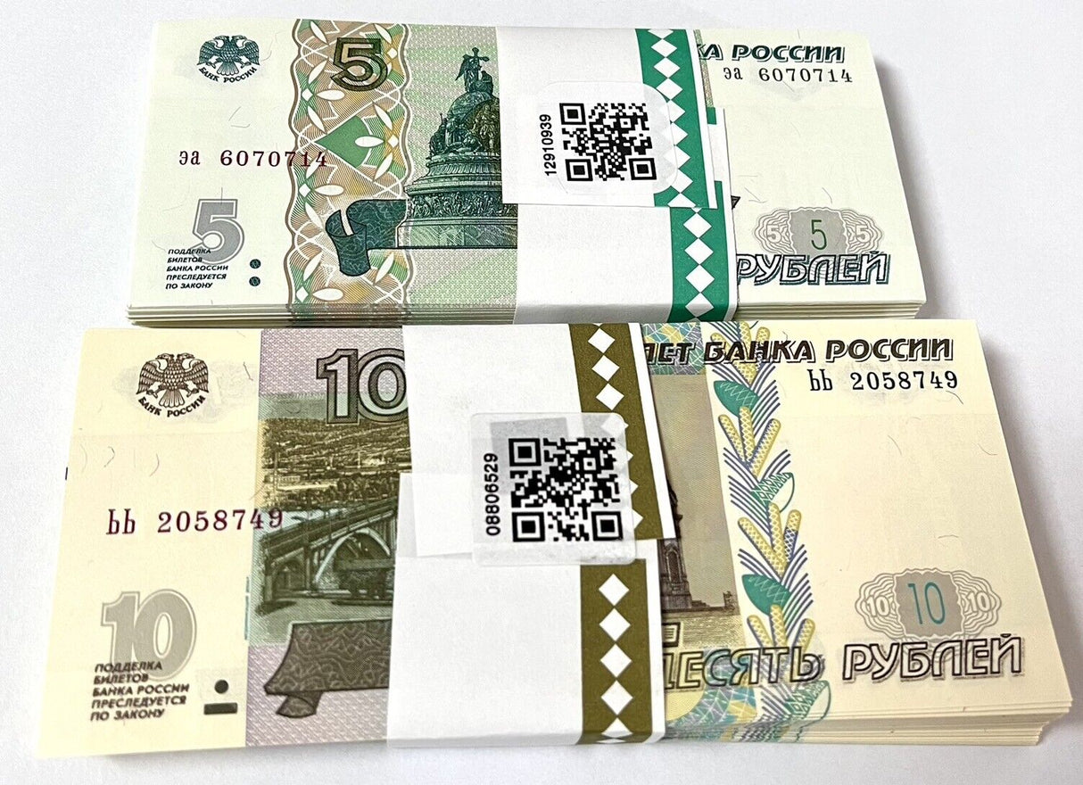 Russia SET 2 X 100 UNC 5 10 Rubles 1997/2004 Printed 2022 P 267 268 Bundle