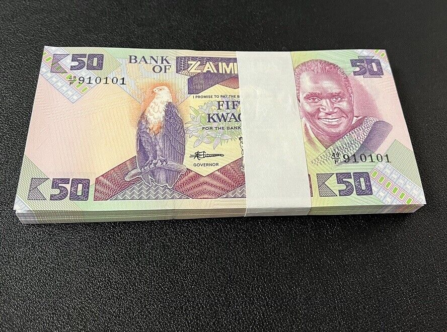 Zambia 50 Kwacha ND 1986 - 1988 P 28 UNC LOT 100 PCS