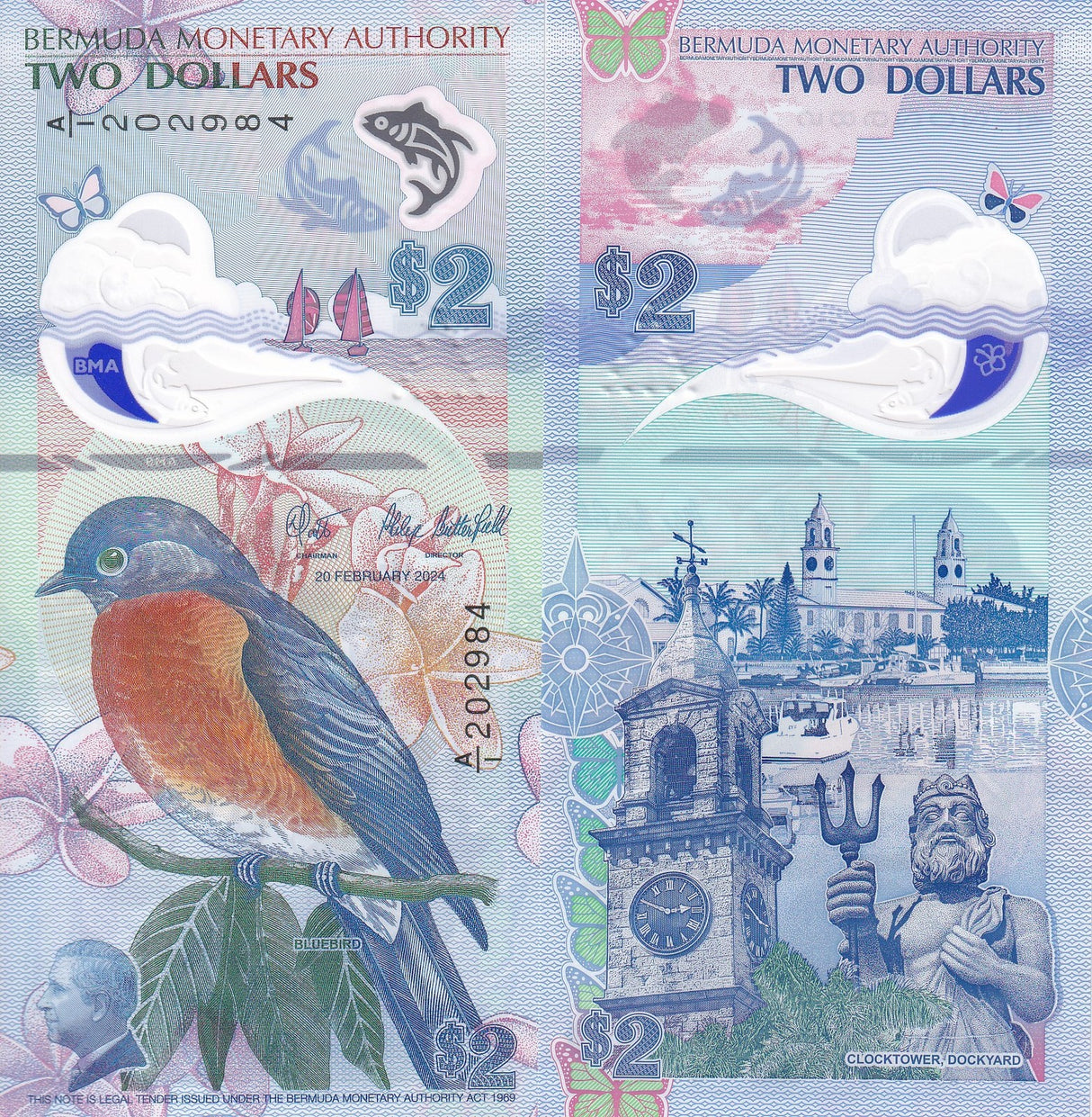 Bermuda 2 Dollars 2024 P 63 New Polymer Bird UNC