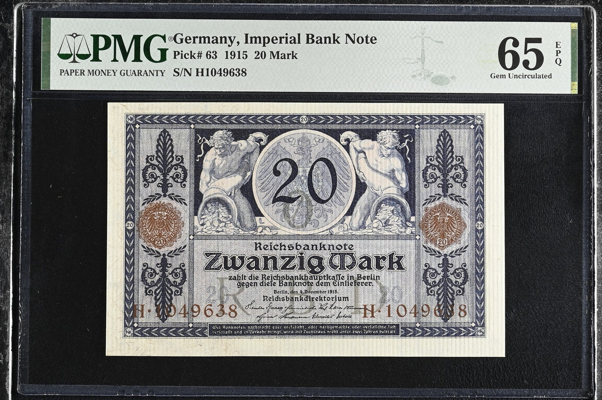 Germany 20 Mark 1915 P 63 Gem UNC PMG 65 EPQ
