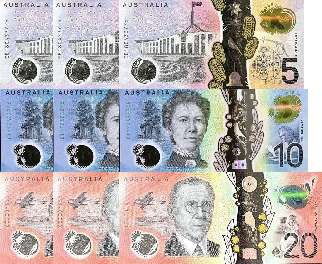 Australia Set 3 X LOT 3 = 9 UNC 5 10 20 Dollars P 62 P 63 P 64 2016-2021 Polymer