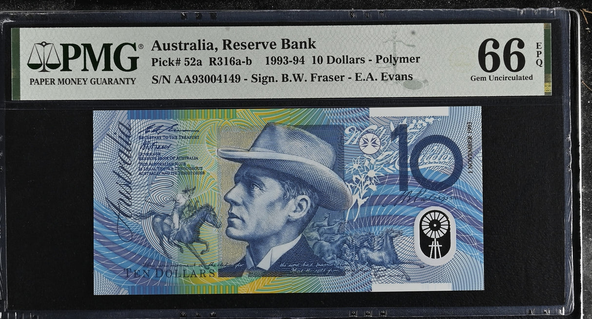 Australia 10 Dollars 1993 P 52 a AA Prefix Polymer Gem UNC PMG 66 EPQ