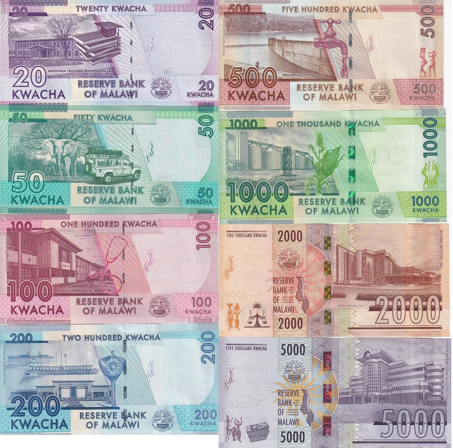 Malawi Set 8 UNC 20 50 100 200 500 1000 2000 (BROWN) 5000 Random Date P 63-71