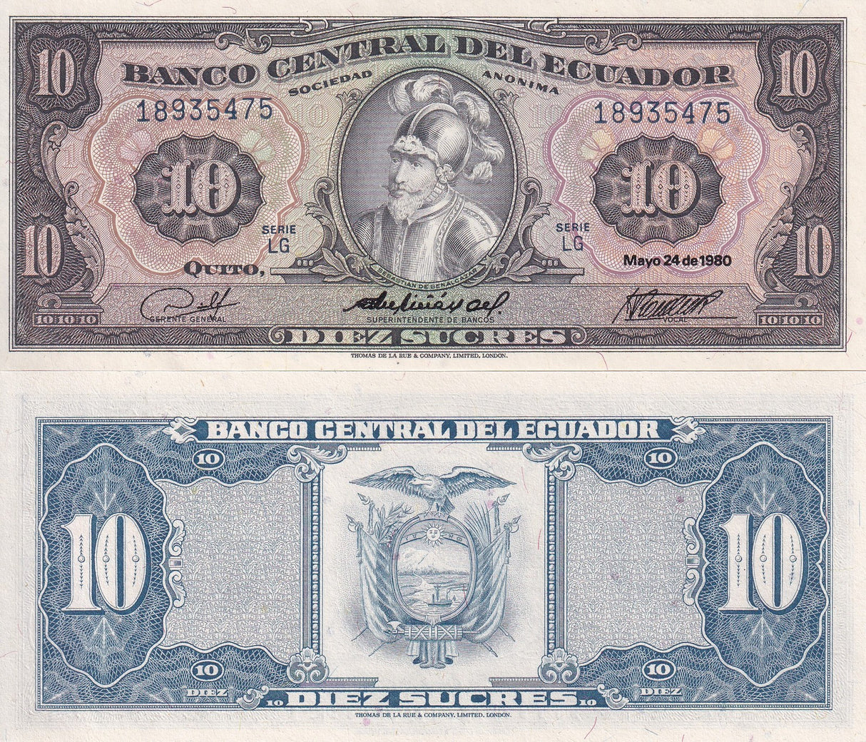 Ecuador 10 Sucres 1980 P 114 b UNC, Sebastián de Benalcazar, TDLR