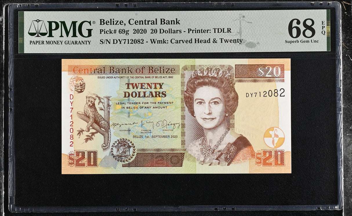 Belize 20 Dollars 2020 P 69 g QEII Superb Gem UNC PMG 68 EPQ TOP POP