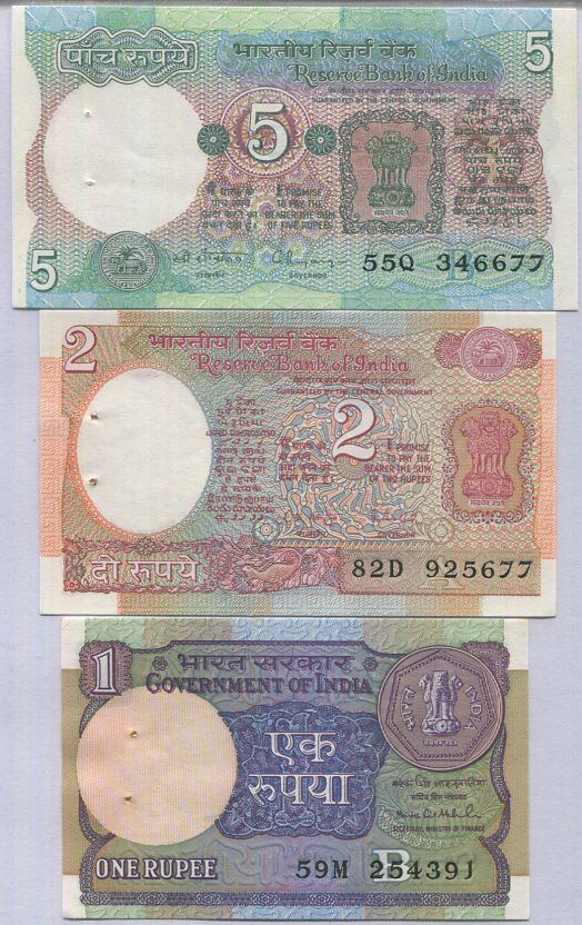 India Set 3 Pcs 1 2 5 Rupees P 78 79 80 Random Sign UNC W/H