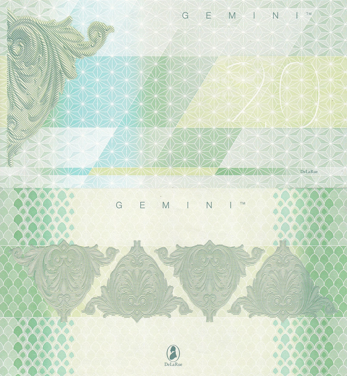 TEST NOTE Gemini 20 Units DE LA RUE Green UNC