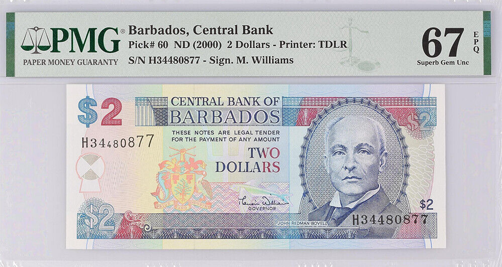 Barbados 2 Dollars 2000 P 60 Superb Gem UNC PMG 67 EPQ Top Pop