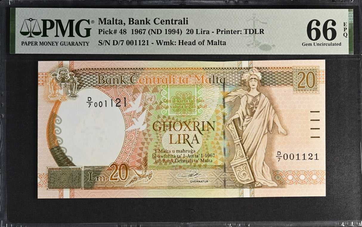Malta 20 Lira 1967 ND 1994 P 48 Gem UNC PMG 66 EPQ
