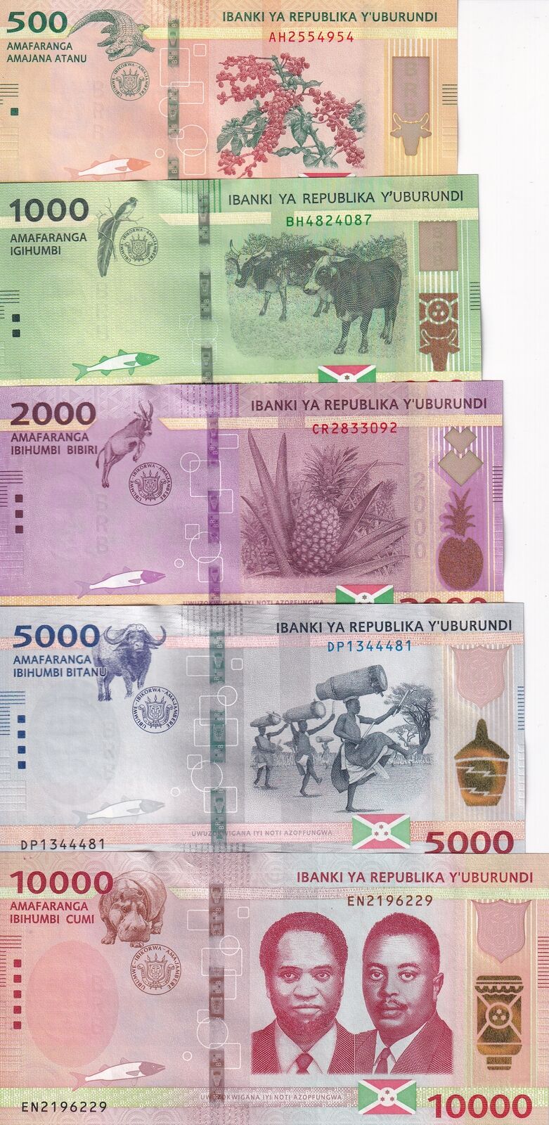 Burundi SET 5 UNC 500 1000 2000 5000 1000 Francs 2018-2023 P 50 51 52 58 59