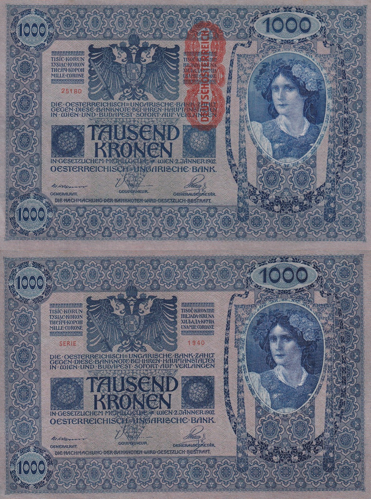 Austria 1000 Kronen 1902 ND 1919 P 59 UNC LITTLE Yellow Tone