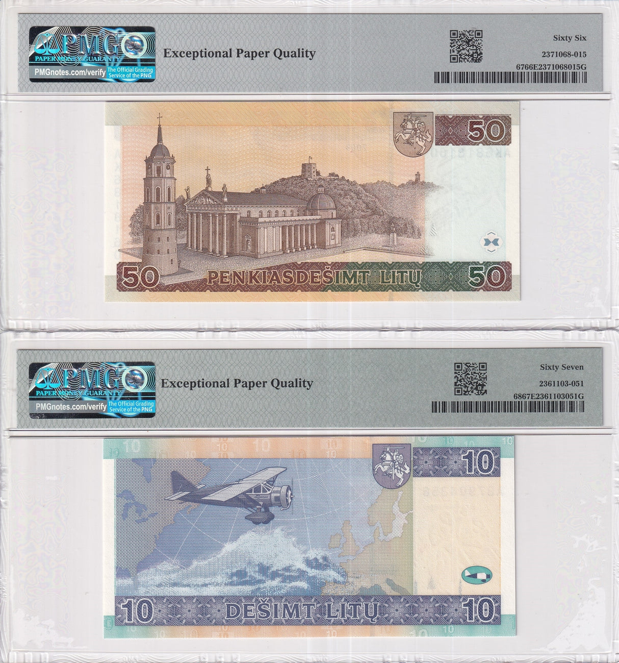 Lithuania Set 2; 10 50 Litu 2003 2007 P 67 P 68 Superb Gem UNC PMG 66 67 EPQ