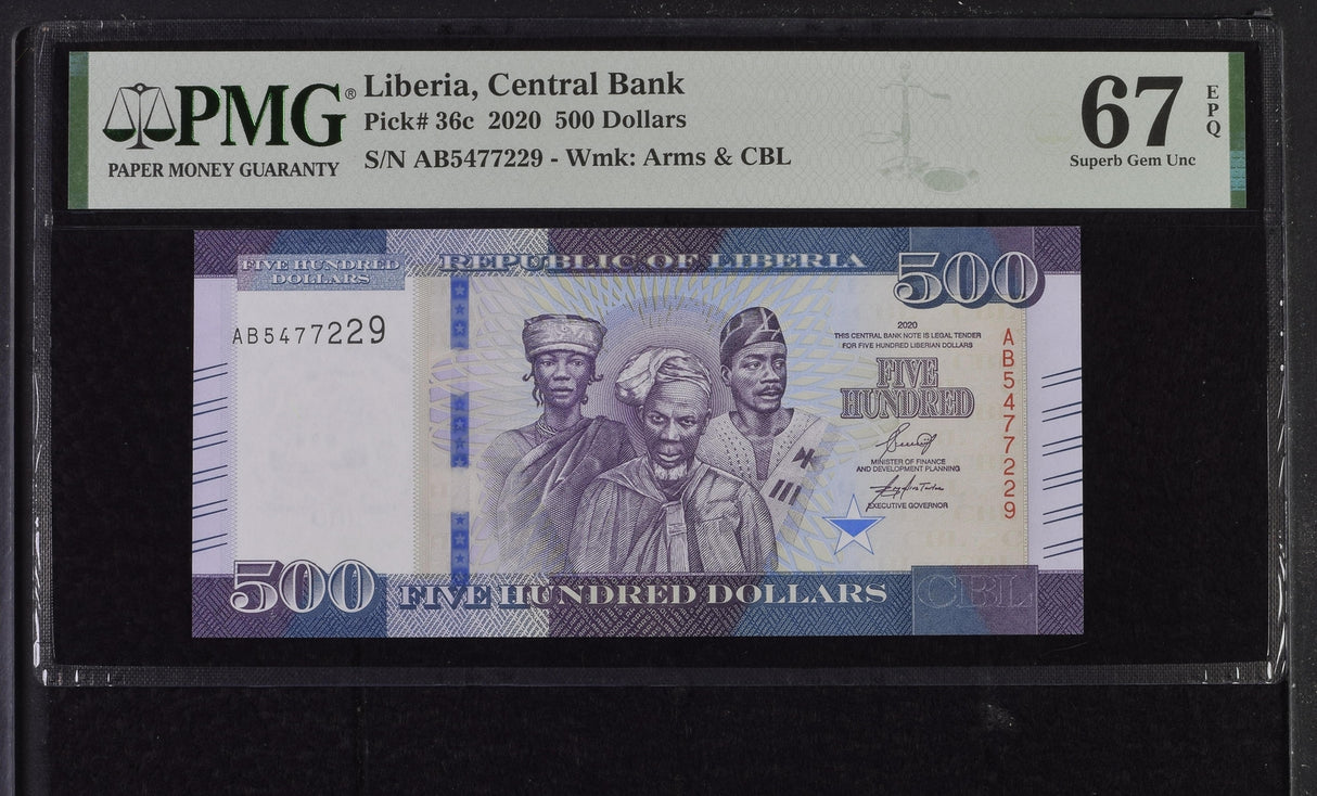 Liberia 500 Dollars 2020 P 36 c Superb Gem UNC PMG 67 EPQ