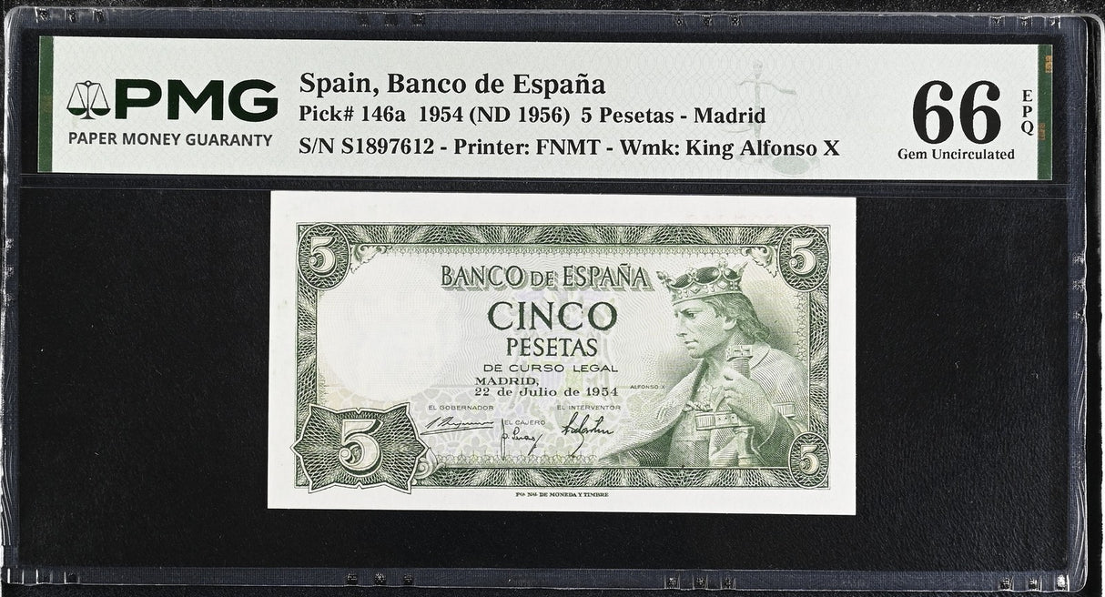 Spain 5 Pesetas 1954 ND 1956 P 146 a Gem UNC PMG 66 EPQ