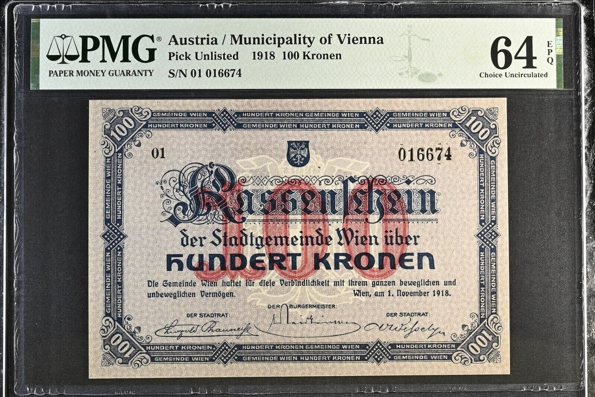 Austria 100 Kronen 1918 Municipality of Vienna Choice UNC PMG 64 EPQ