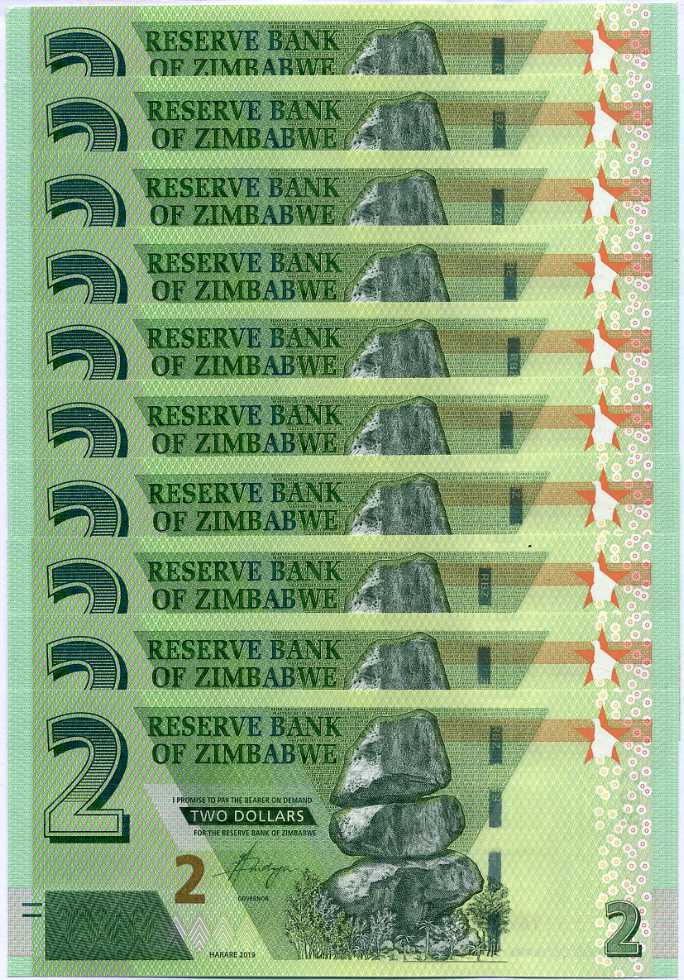 Zimbabwe 2 dollars 2019 P 101 UNC LOT 10 PCS