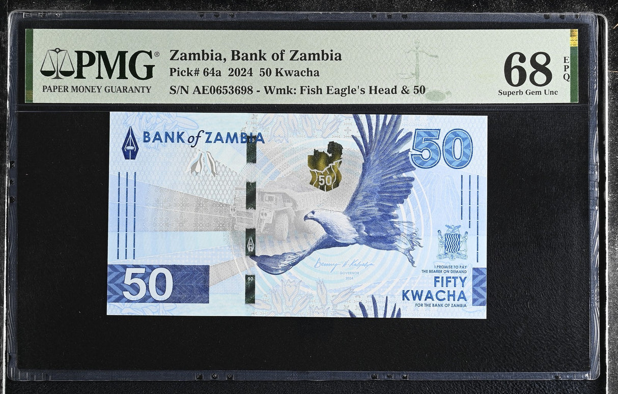 Zambia 50 Kwacha 2024 P 64 a Superb Gem UNC PMG 68 EPQ TOP POP