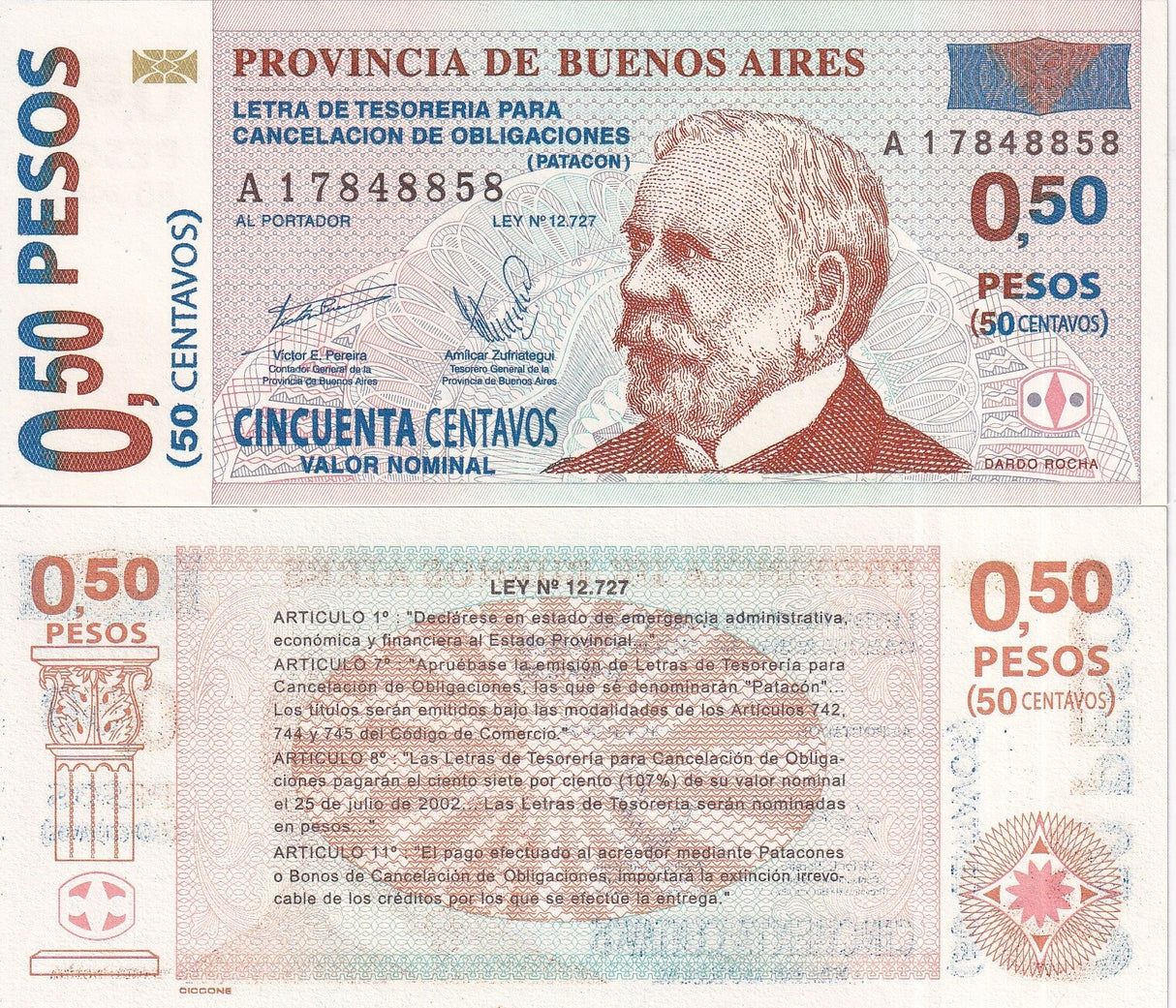 Argentina 0.50 Pesos/ 50 Centavos 2002 Emergency Buenos Aires P S2309 UNC