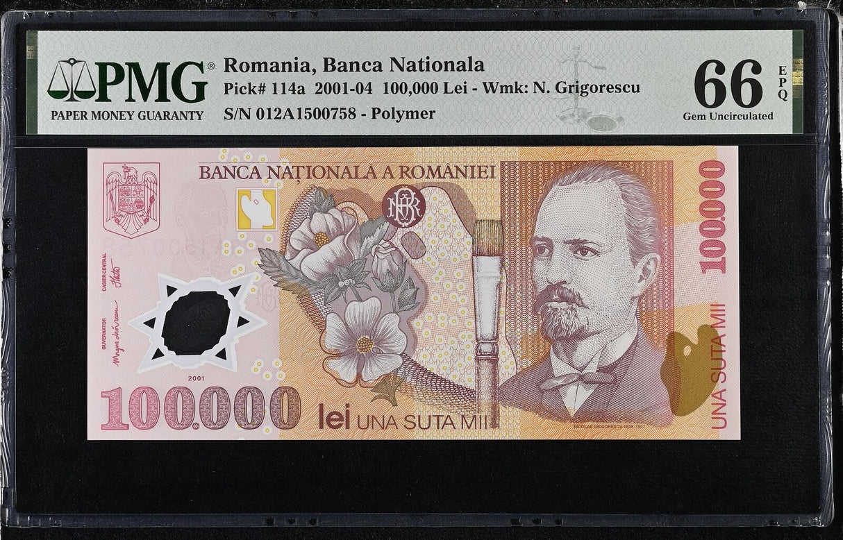 Romania 100000 Lei 2001 P 114 a Polymer Gem UNC PMG 66 EPQ