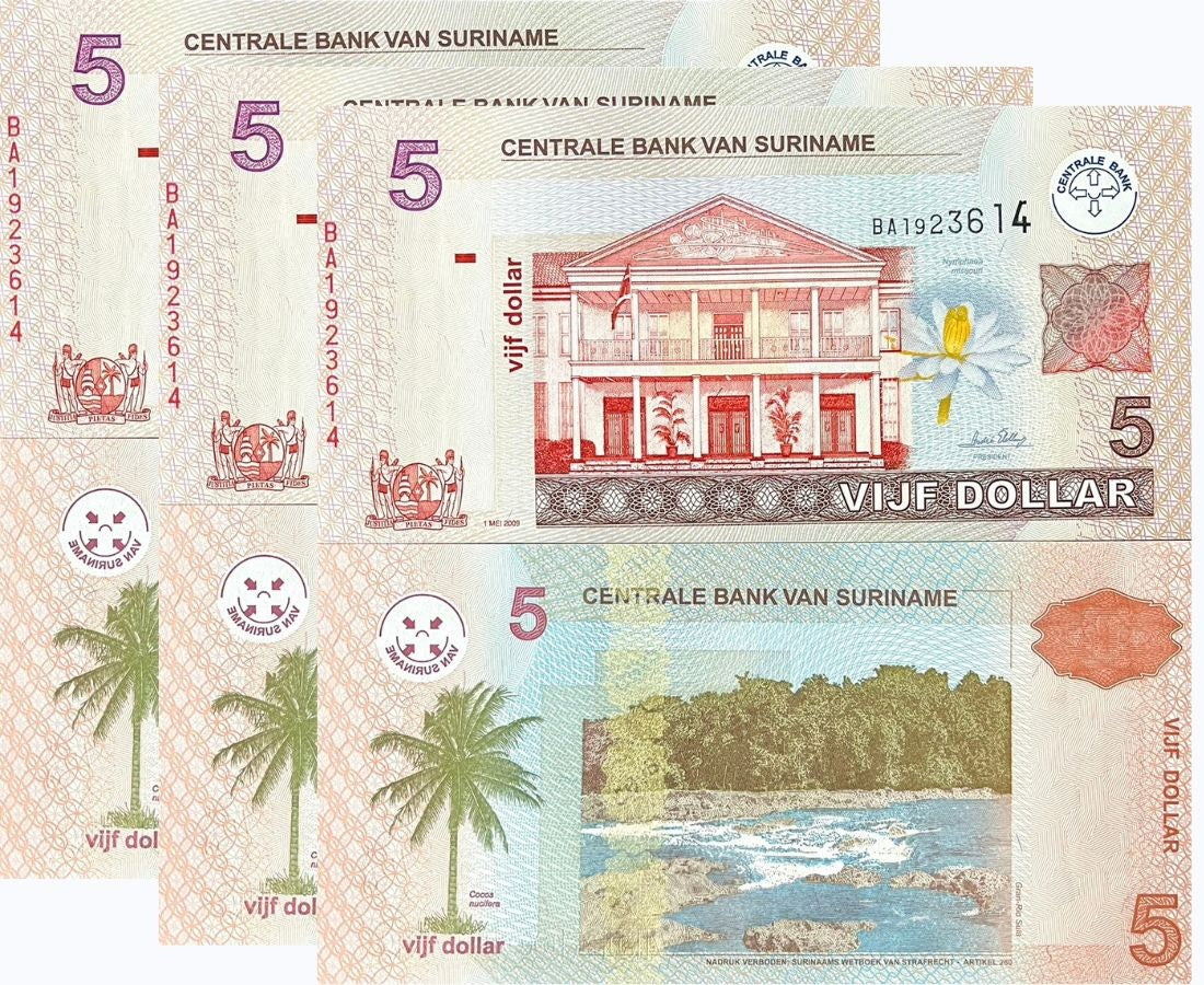 Suriname 5 Dollars 2009 P 157 c UNC LOT 3 PCS