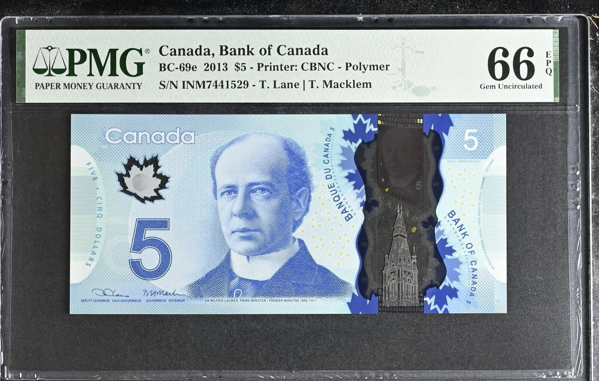 Canada 5 Dollars 2013 P 106 e Polymer Sign Lane & Macklem Gem UNC PMG 66 EPQ