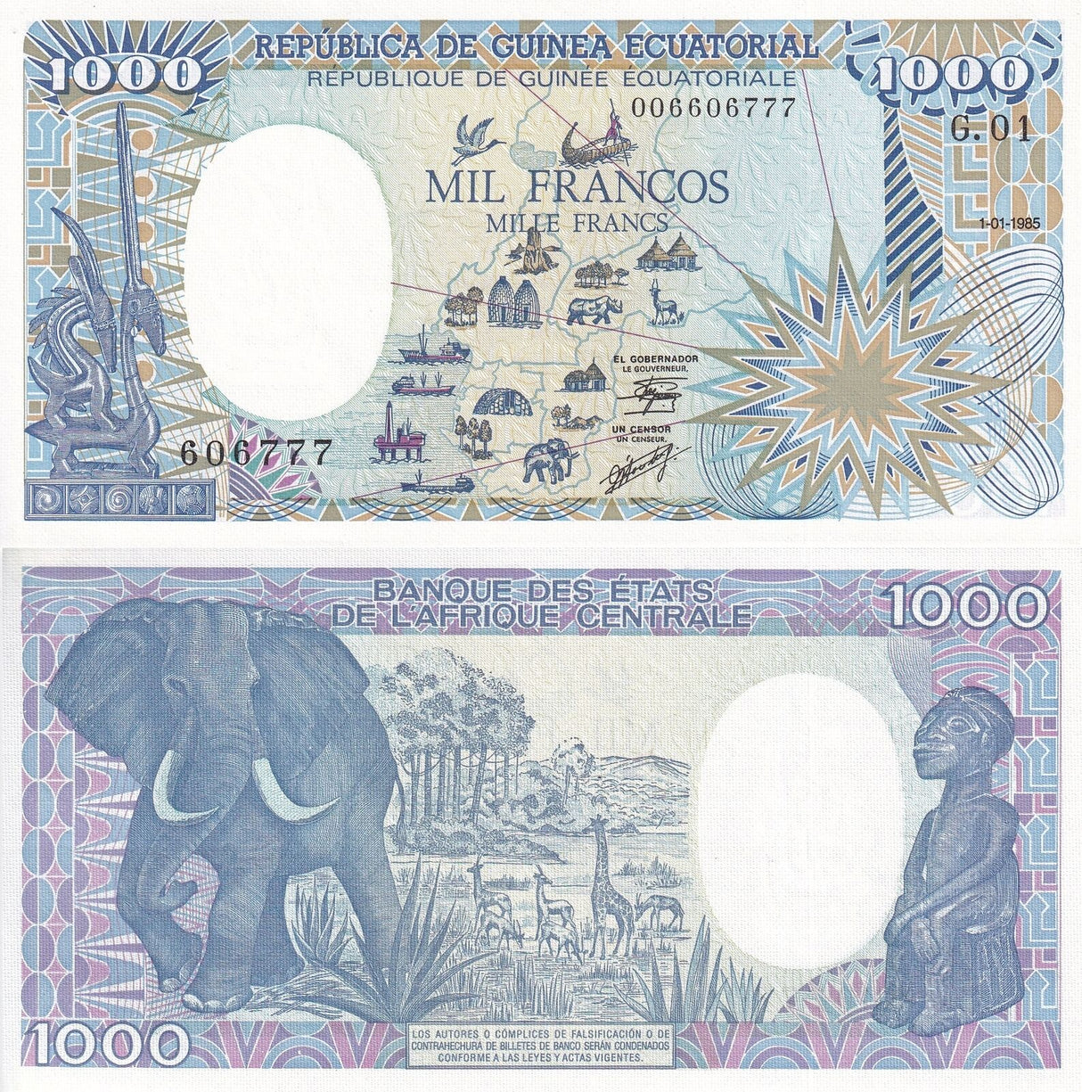 Central African States Equatorial Guinea 1000 Francs 1985 P 21 AU-UNC