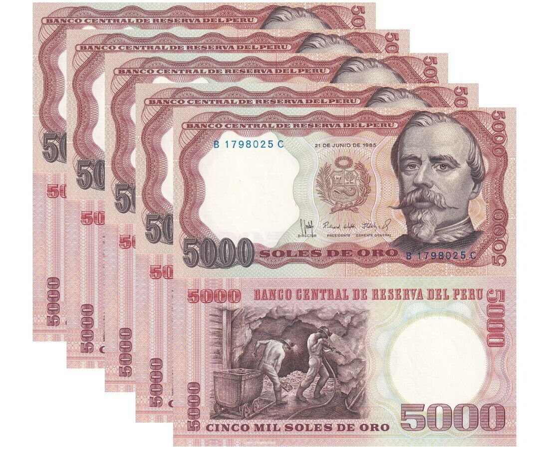 Peru 5000 Soles de Oro 1985 P 117 C UNC LOT 5 PCS