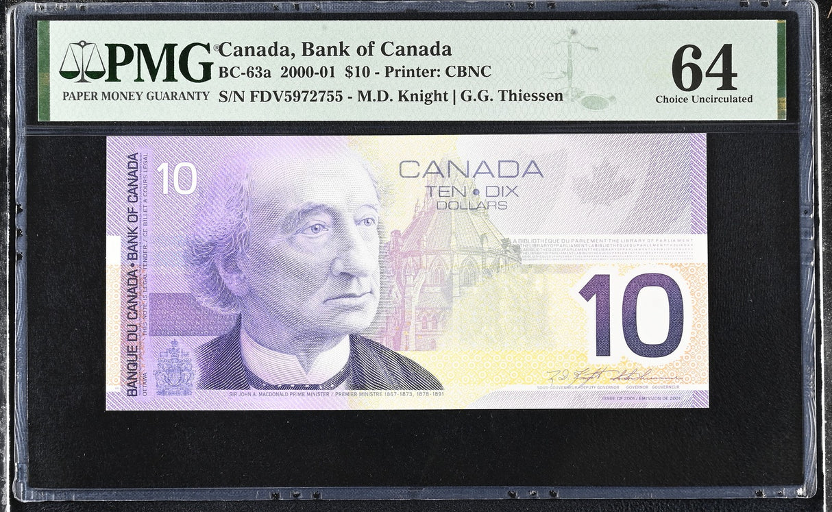 Canada 10 DollarS 2000-01 P 102 BC-63a Knight Thiessen Choice UNC PMG 64