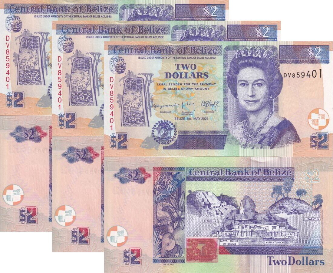 Belize 2 Dollars 2021 P 66 NEW Date & Sign UNC LOT 3 PCS