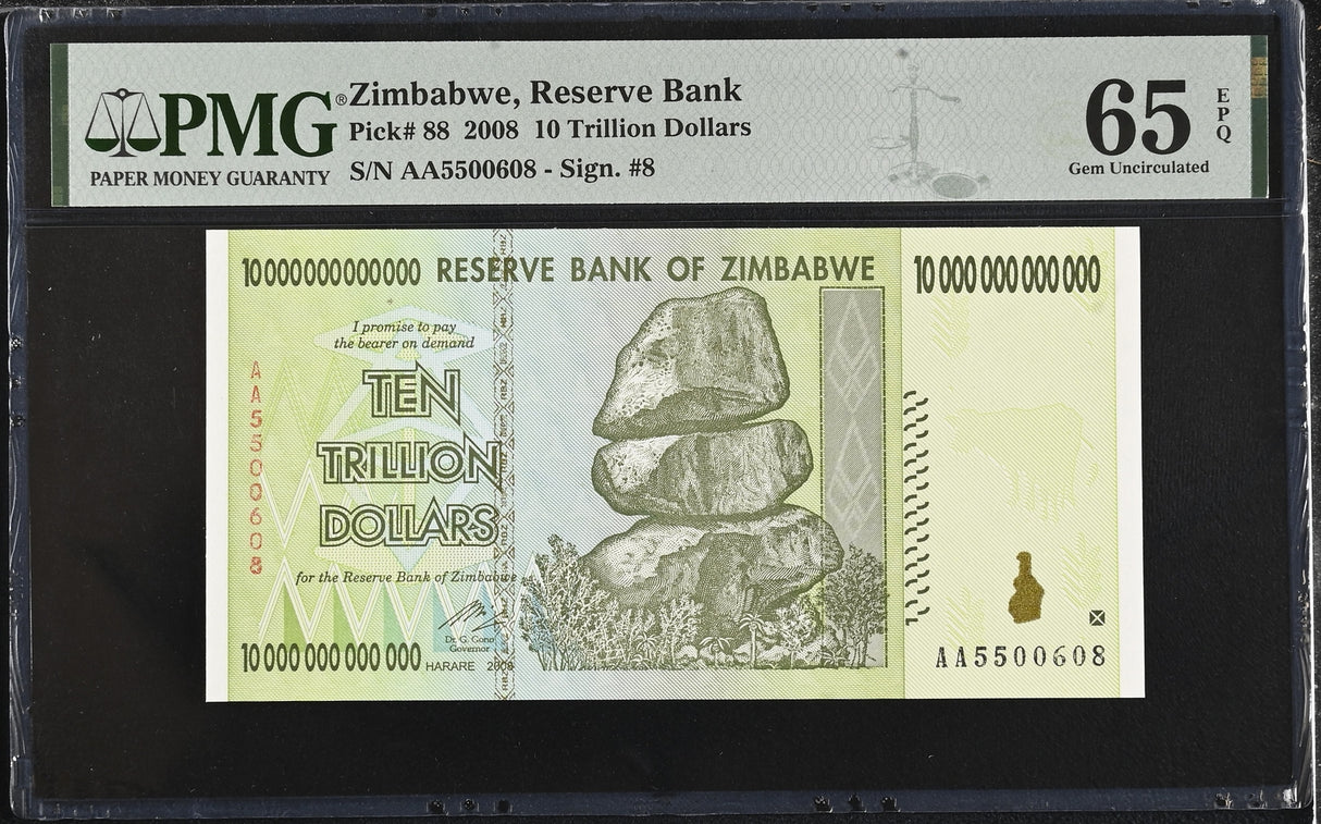 Zimbabwe 10 Trillion Dollars 2008 P 88 Gem UNC PMG 65 EPQ