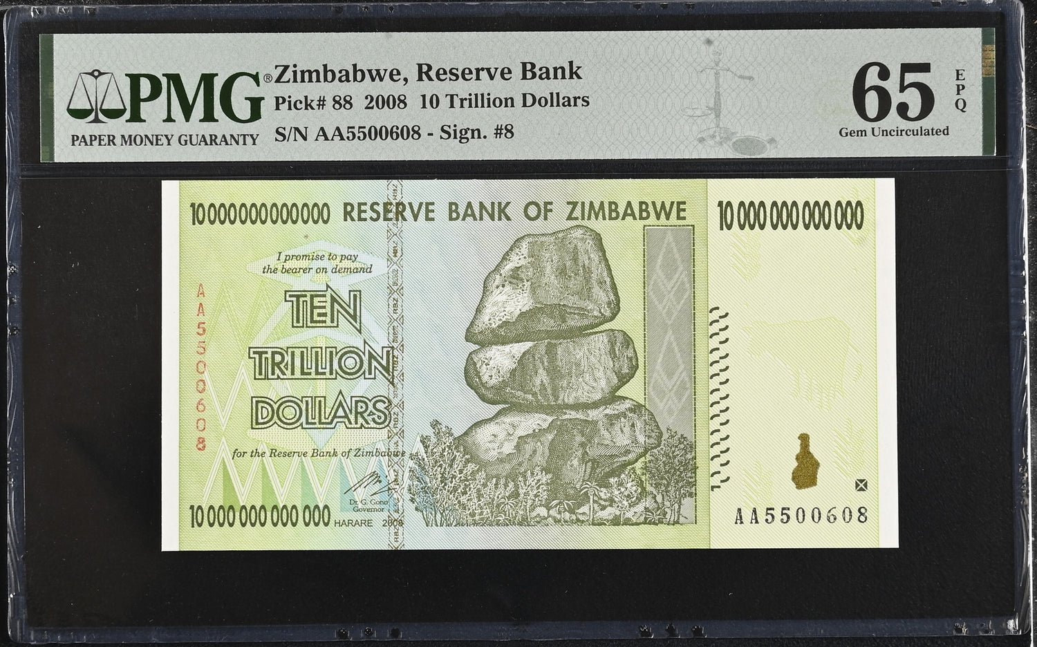 Zimbabwe 10 Trillion Dollars 2008 P 88 Gem UNC PMG 65 EPQ