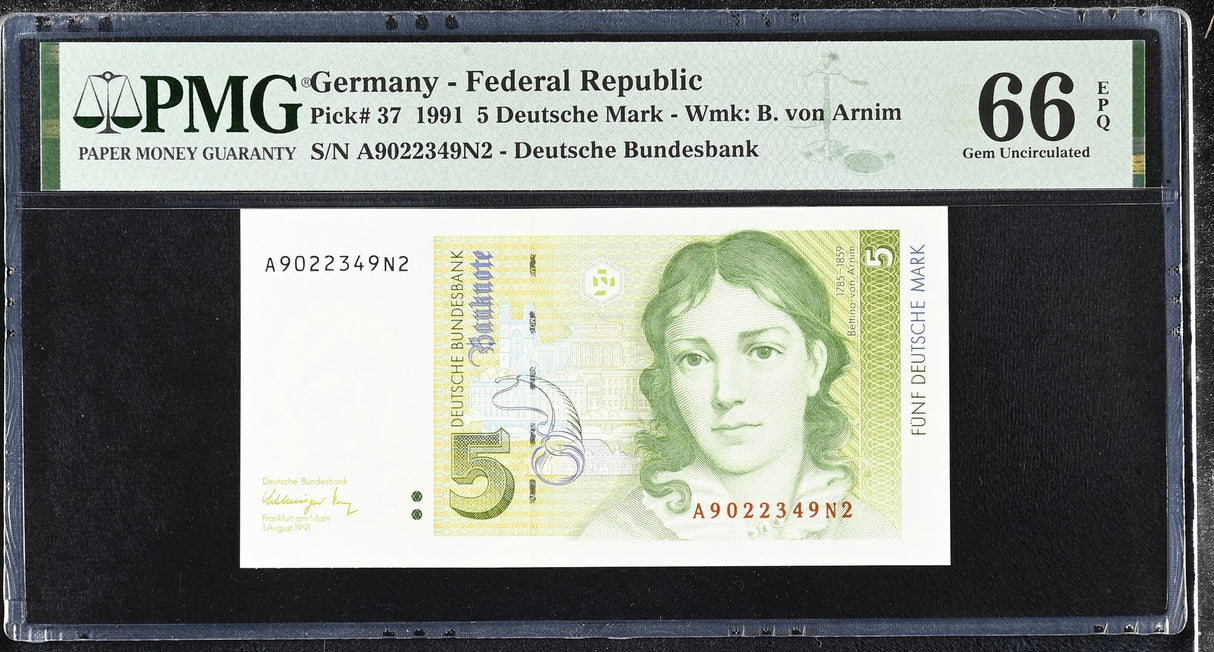 Germany 5 Deutsche Mark 1991 P 37 Gem UNC PMG 66 EPQ