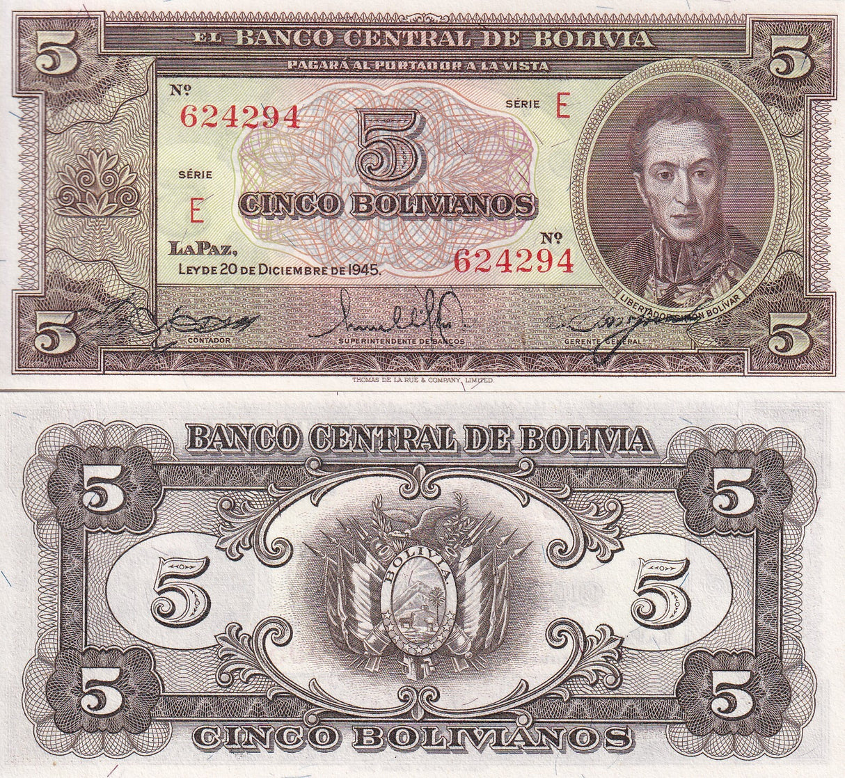 Bolivia 5 Bolivianos 1945 P 138 UNC