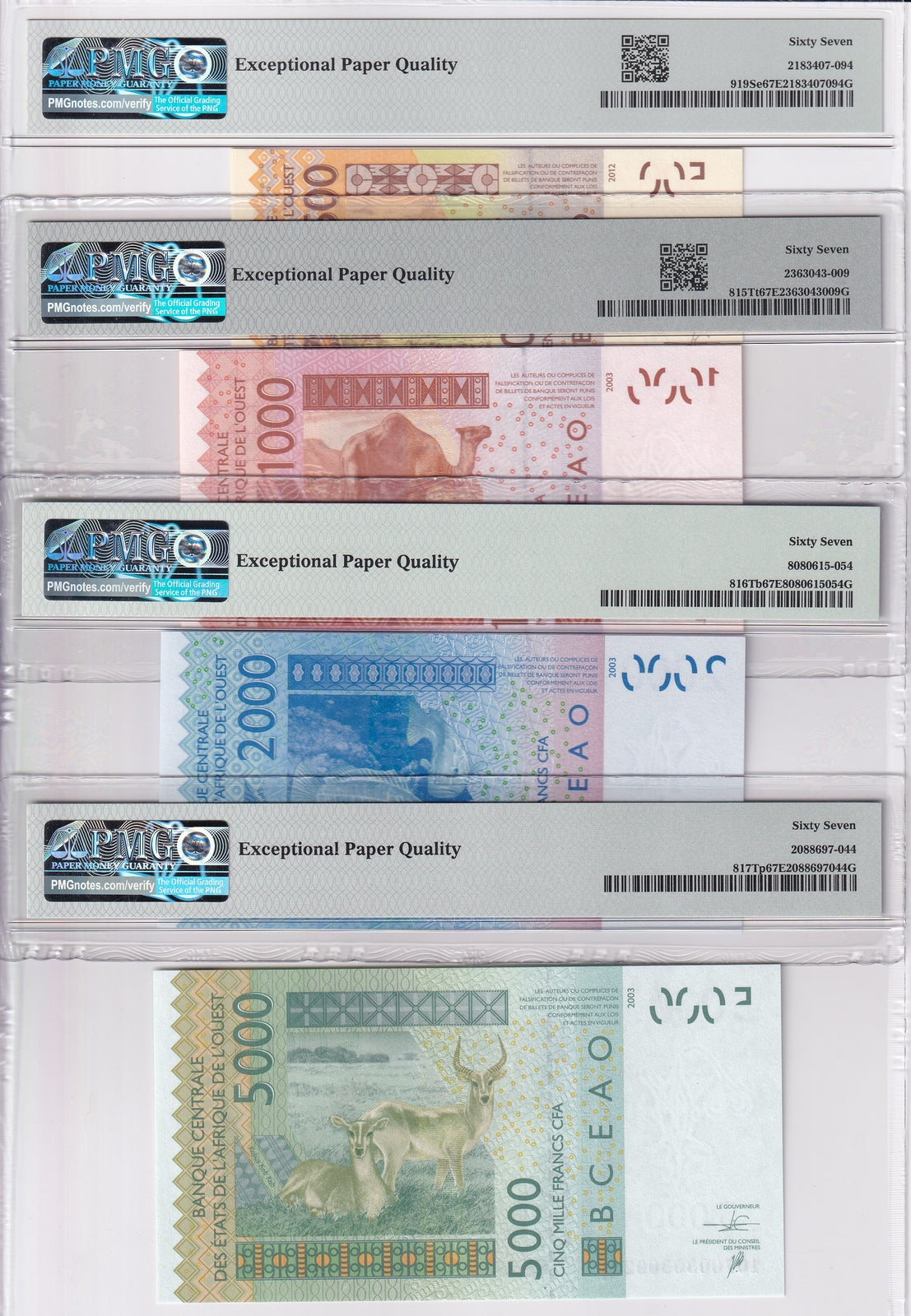 West African Set 4; 500 1000-5000 Francs 2016 P 919 Superb Gem UNC PMG 67 EPQ