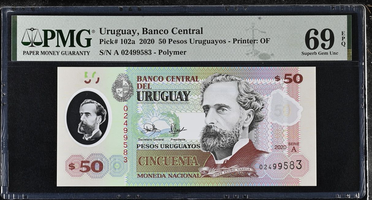 Uruguay 50 Pesos 2020 P 102 a Polymer Superb Gem UNC PMG 69 EPQ TOP POP