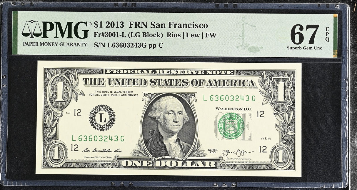 United States 1 Dollar Usa 2013 P 537 L San Francisco Superb Gem UNC PMG 67 EPQ