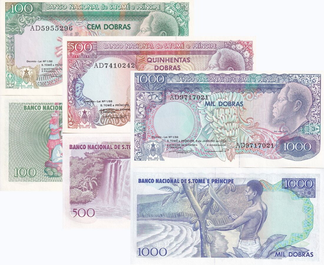 St. Thomas & Prince Set 3 UNC 100 500 1000 Dobras 1989 P 60 P 61 P 62