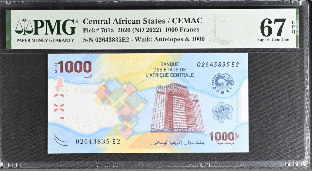 Central African States 1000 Francs 2020 ND 2022 P 701a Superb Gem UNC PMG 67 EPQ