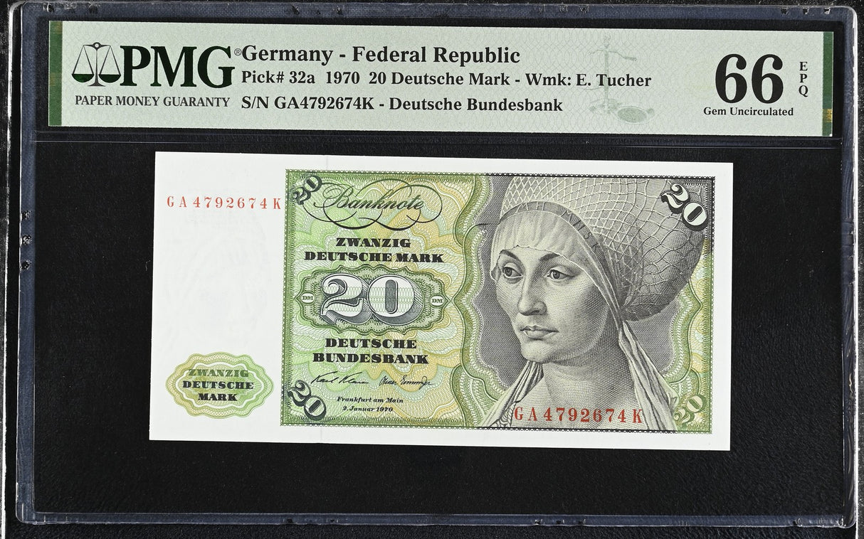 Germany Federal Republic 20 Deutsche Mark 1970 P 32 a GEM UNC PMG 66 EPQ