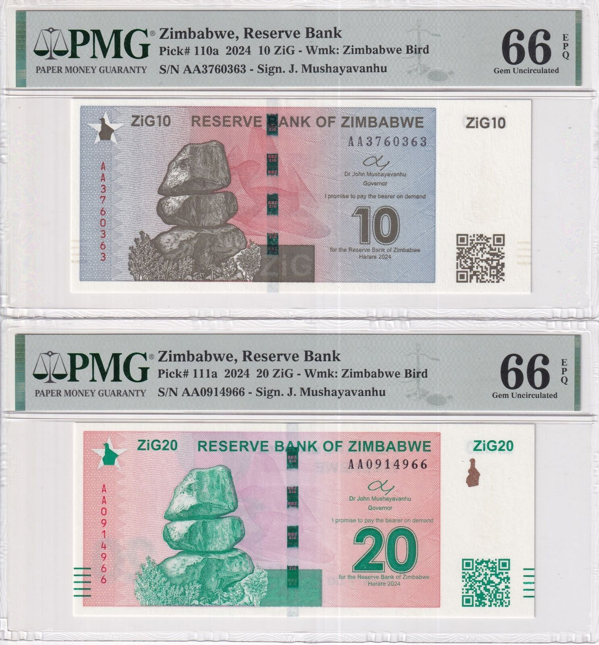 Zimbabwe SET 2;10 20 ZiG 2024 P 110 111 Gold Gem UNC PMG 66 EPQ