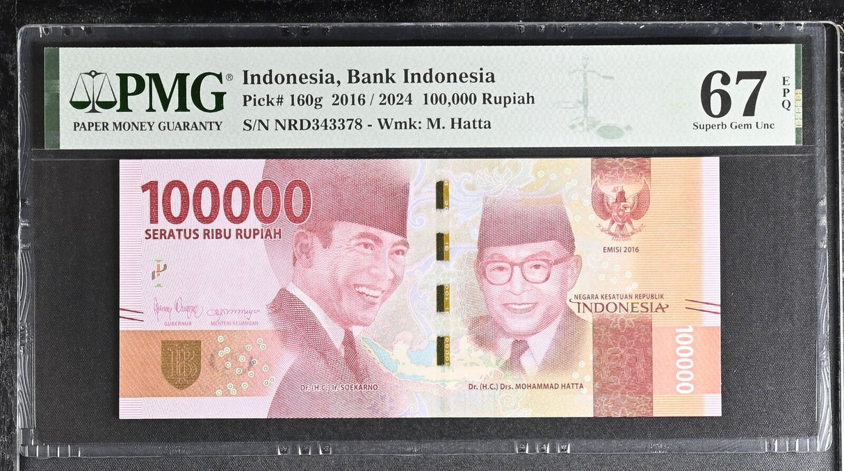 Indonesia 100000 Rupiah 2016/2024 P 160 g Superb Gem UNC PMG 67 EPQ