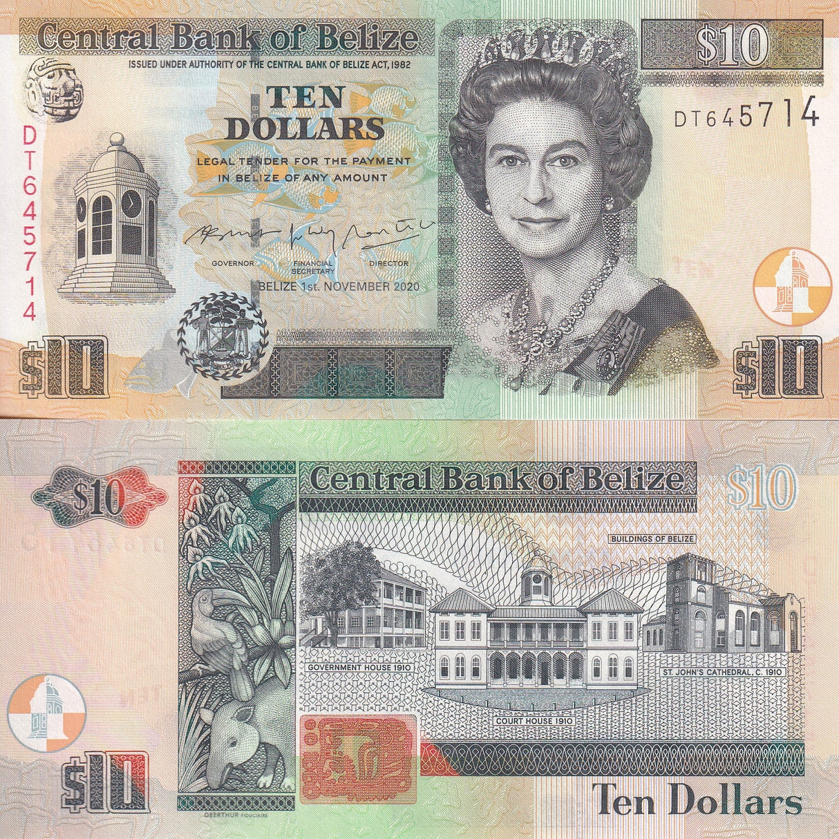 Belize 10 Dollars 2020 P 68 NEW Date & Sign QEII UNC