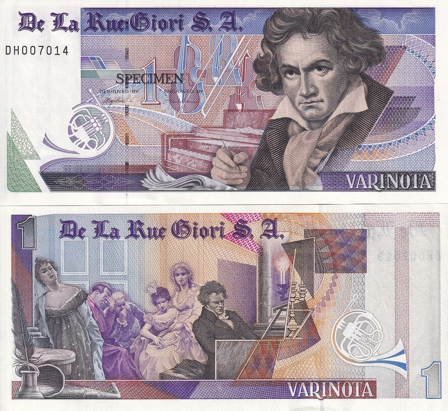 TEST NOTE SPECIMEN VARINOTA DE LA RUE BEETHOVEN Double-side Black serial number