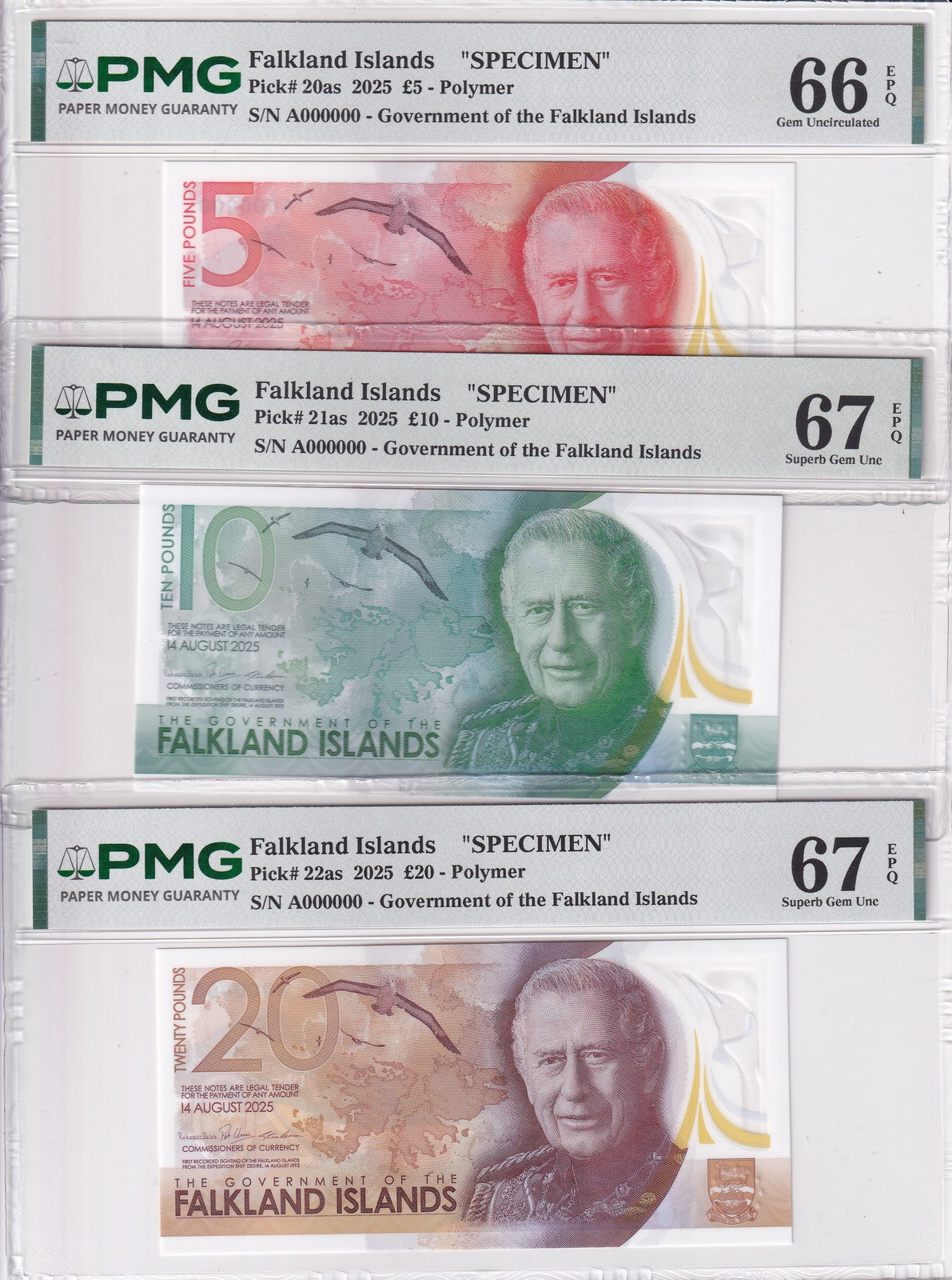 Falkland Islands Set 3; 5 10 20 Pound 2025 P20-22 SPECIMEN Gem UNC PMG 66 67 EPQ
