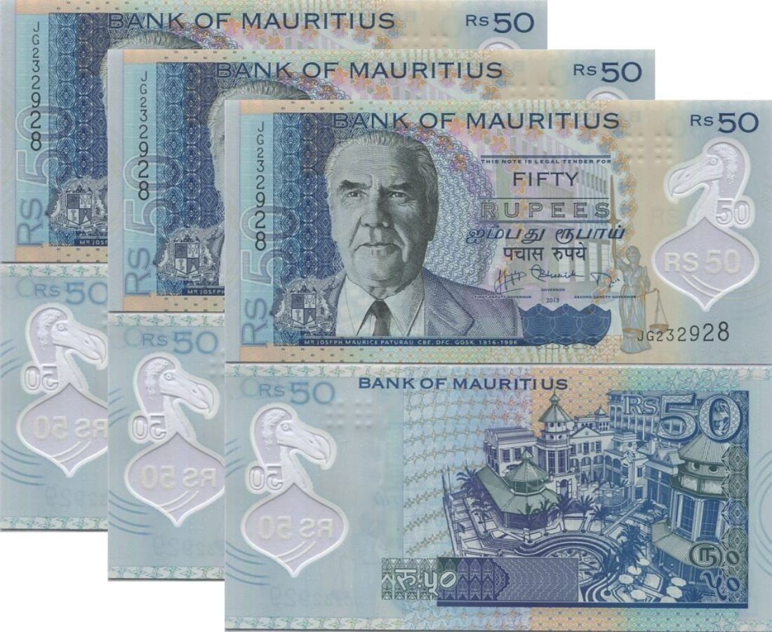 Mauritius 50 Rupees 2013 P 65 Polymer UNC LOT 3 Pcs