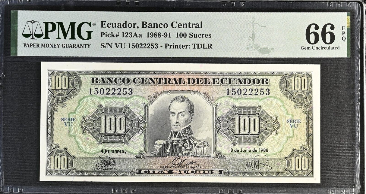 Ecuador 100 Sucres 1988 P 123Aa GEM UNC PMG 66 EPQ