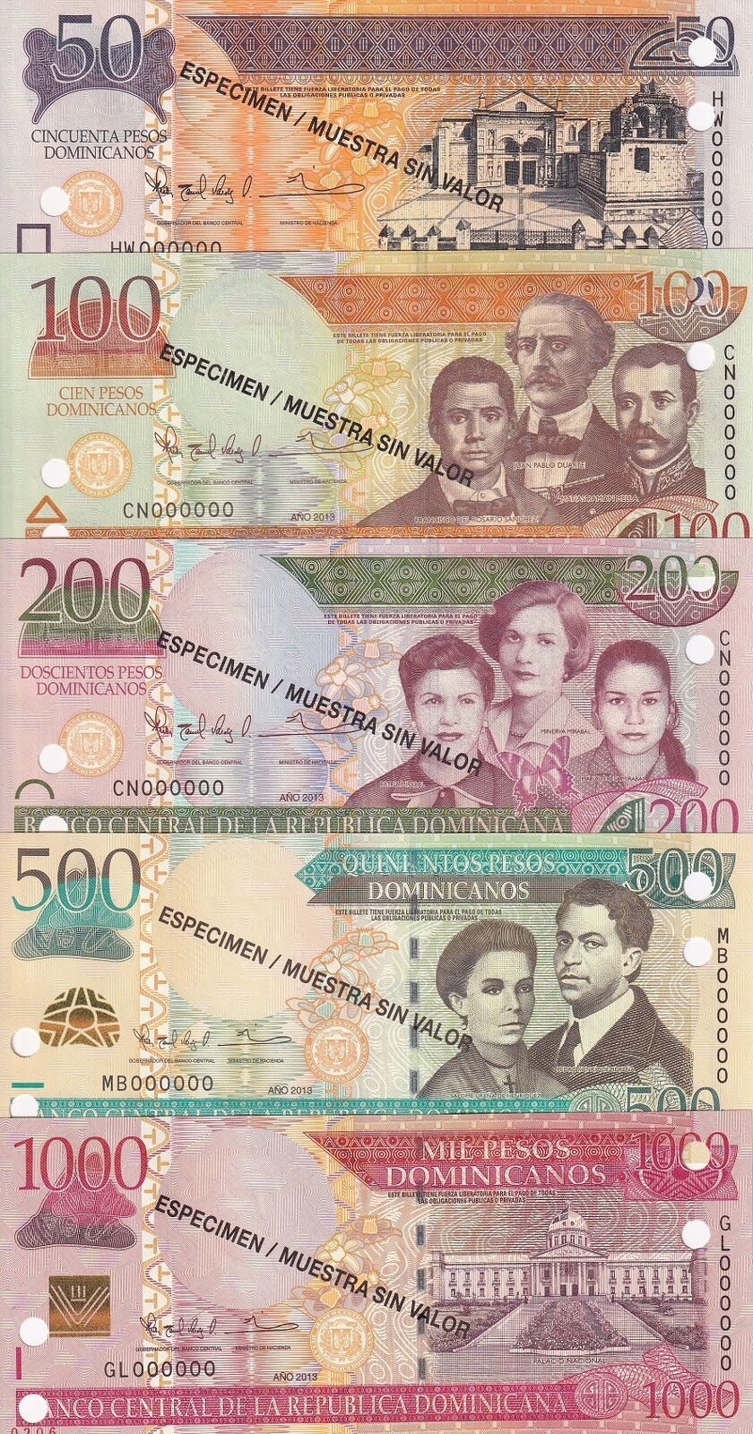 Dominican Set 5 UNC 50 100 - 1000 Pesos 2013 P 183 184 185 - P 187 SPECIMEN