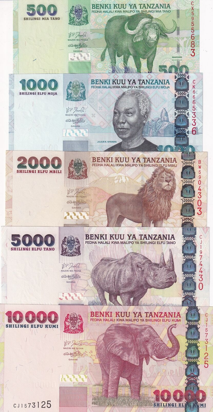 Tanzania Set 5 UNC 500 1000 2000 5000 10000 Shillings ND 2003 P 35 36 -P 39 UNC