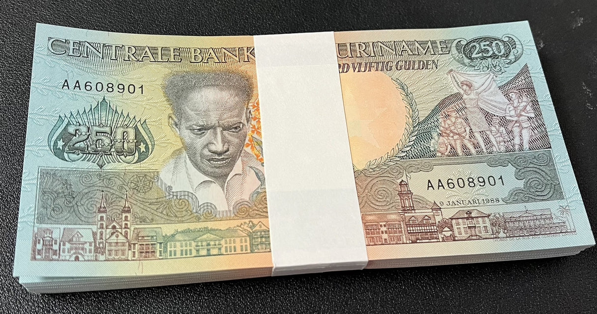Suriname 250 Gulden 1988 P 134 UNC Lot 100 Pcs 1 Bundle